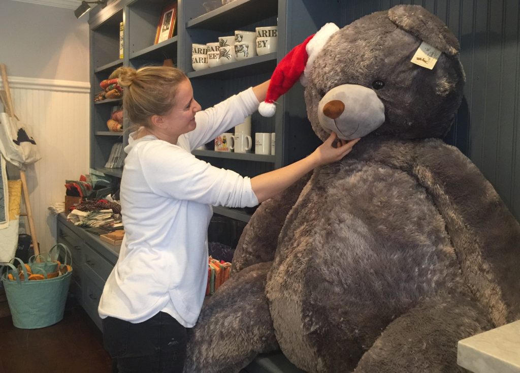 Rosewater Market Owner Julia Celeste Getting Martha's Vineyard Teddy Bear Suite Fundraising Raffle Bear Ready