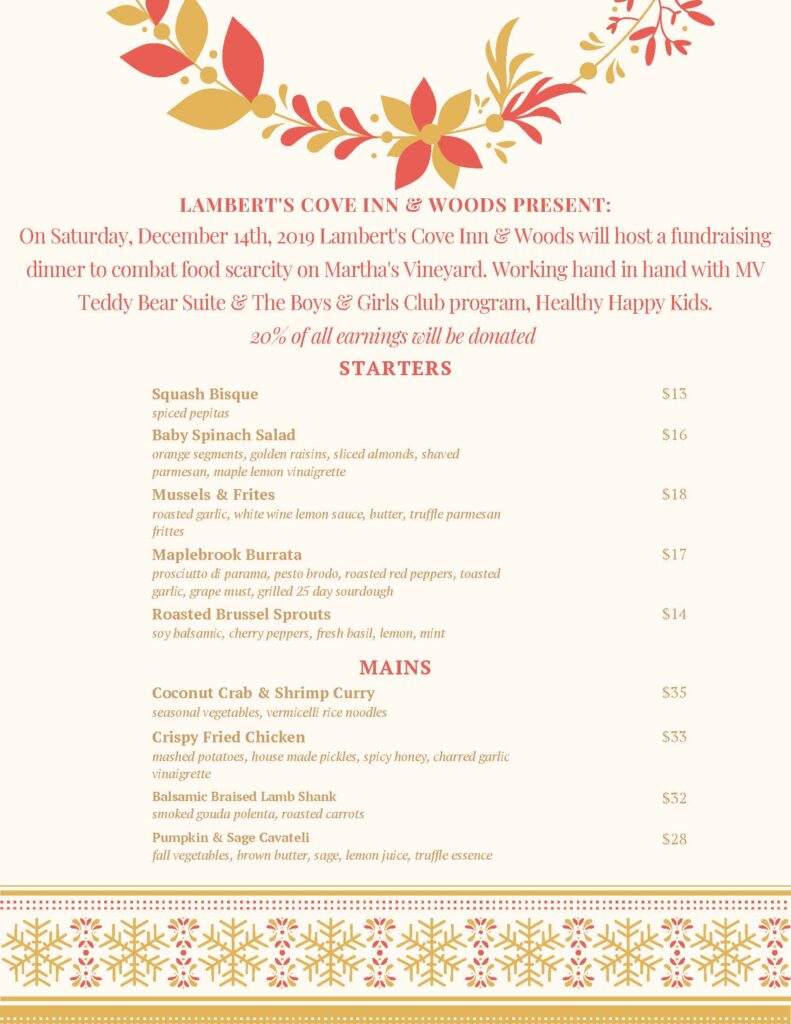 Martha's Vineyard Teddy Bear Suite Fundraiser Special Menu At Woods Restaurant Lambert's Cove Inn West Tisbury Dining